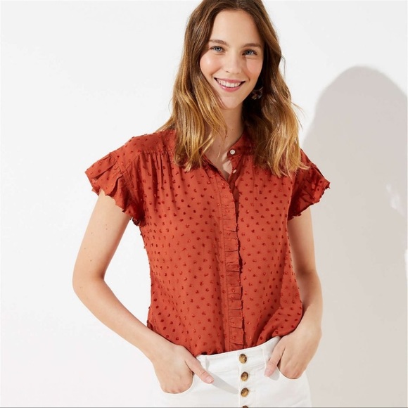 LOFT Ruffle Swiss Dot Button Up Blouse Short Sleeve Burnt Orange Sz S - Picture 15 of 15
